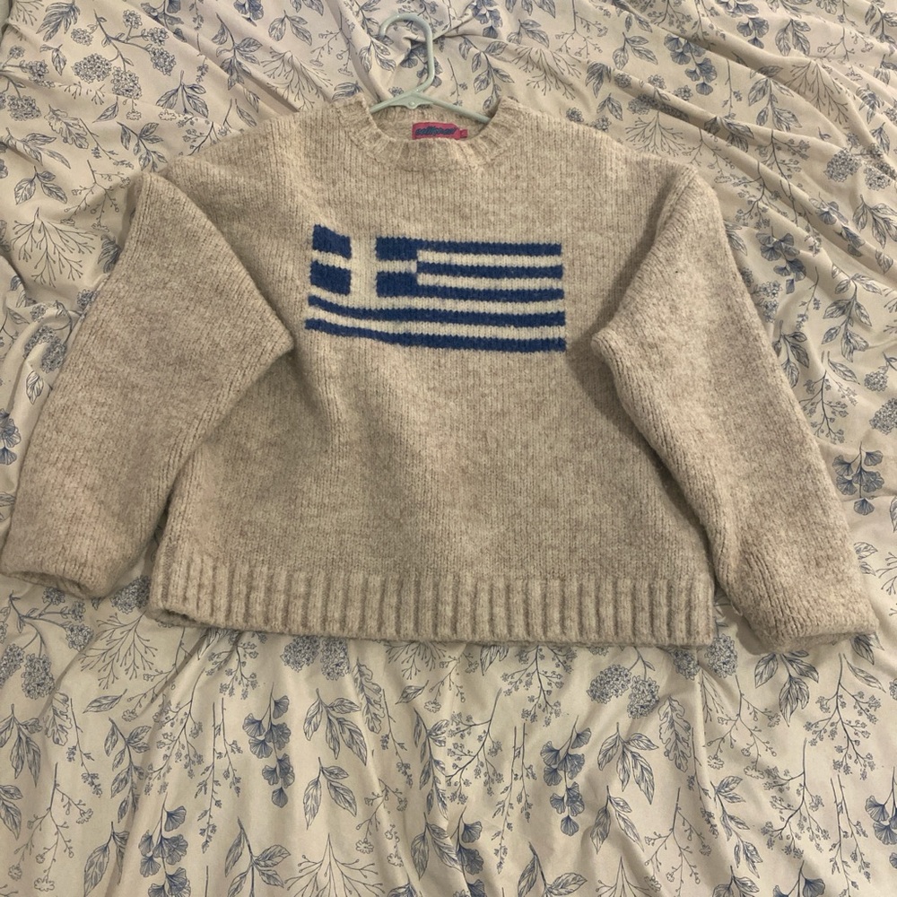 Edikted Beige Sweater with Blue Flag Design